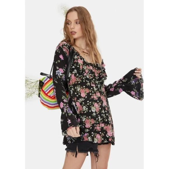 Free People Loretta Black Floral Tunic Top Mini Trapeze Dress Small - Picture 4 of 8